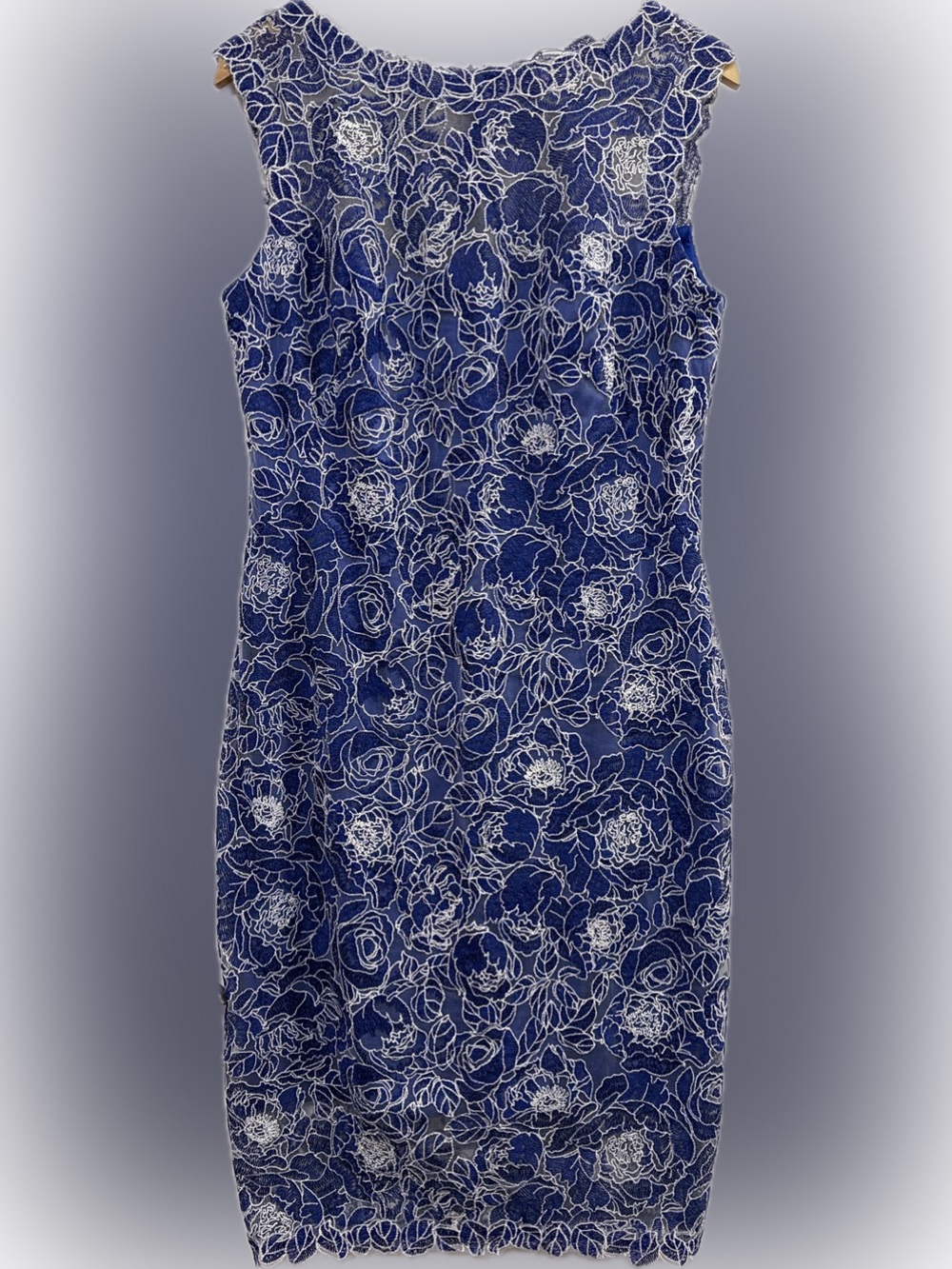 TADASHI SHOJI blue mesh embroidered overlay dress